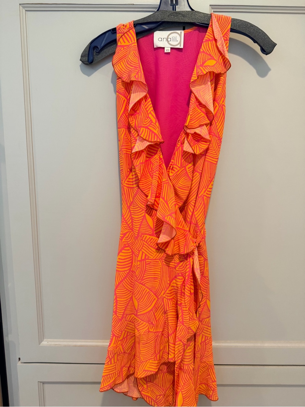Analili Pink Orange Ruffle Wrap Dress XS Tropical Resort Dr